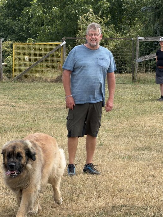 Hundetrainer Martin Schmitz auf seinem Hundeplatz, neben ihm läuft ein großer Leonberger.